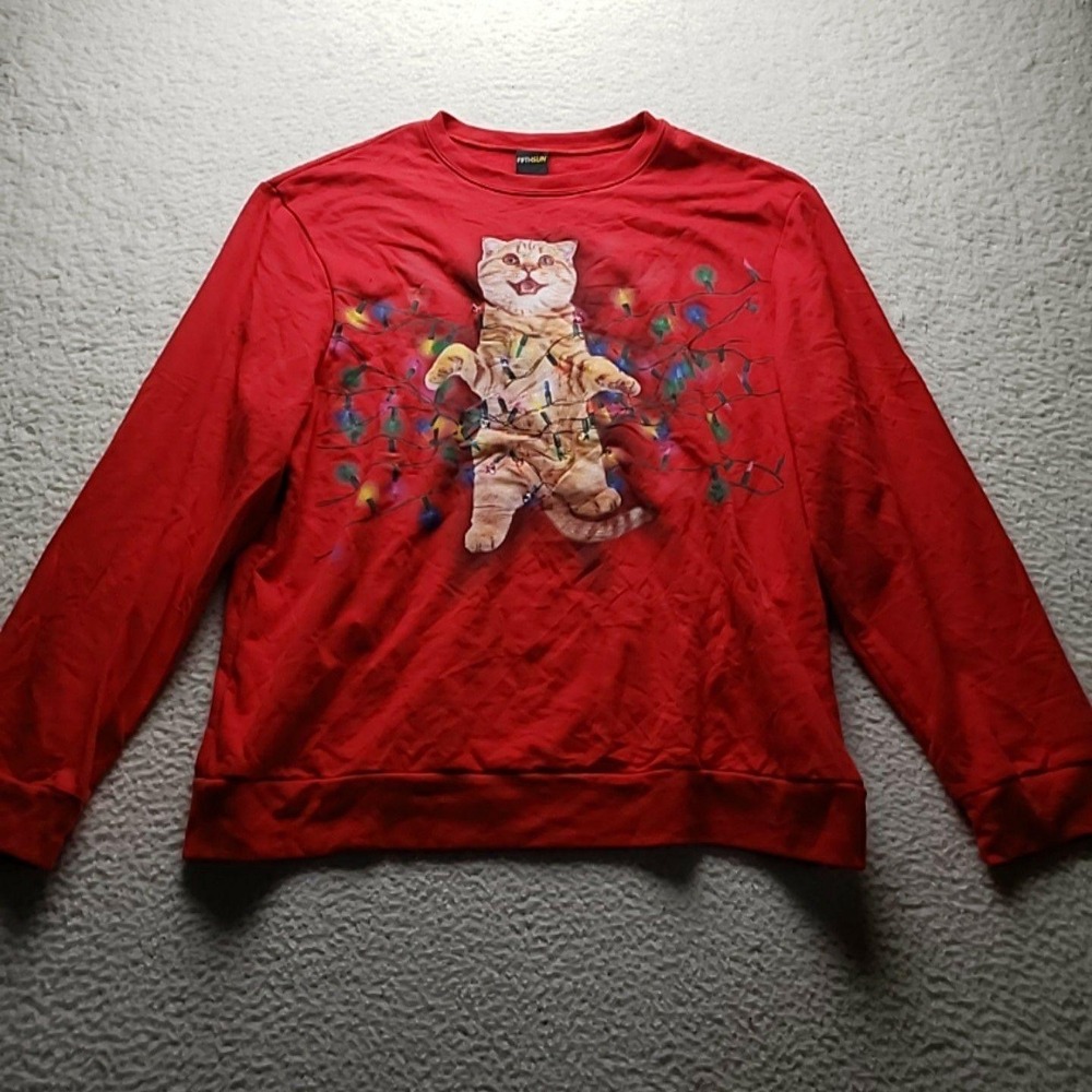 Fifth Sun Sweatshirt Mens 2XL Red Fleece Pullover Crewneck Cat Christmas Lights